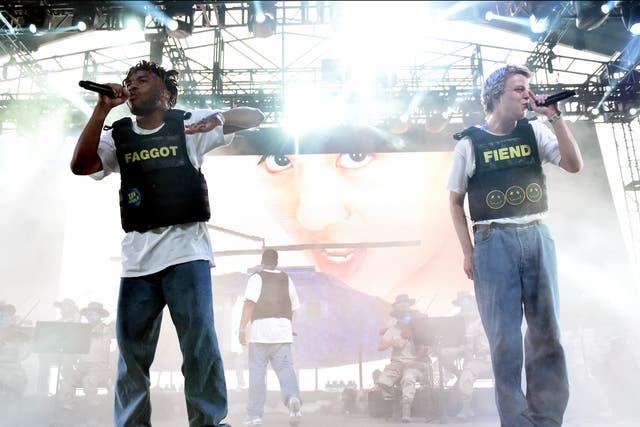 <p>Brockhampton’s Kevin Abstract (L) and Russell Boring perform at Coachella in 2018 </p>
