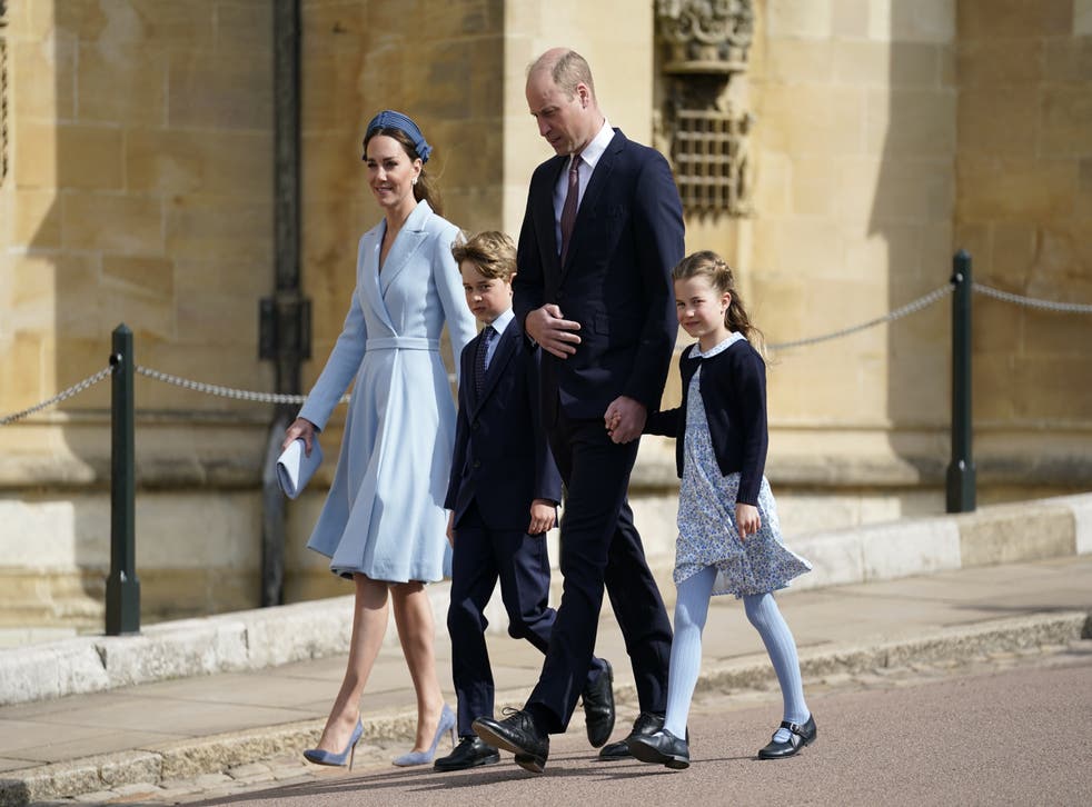 The Duke and Duchess of Cambridge with Prince George and Princess Charlotte ahead of the Easter Sunday service at St George’s Chapel at Windsor Castle (Andrew Matthews/PA)