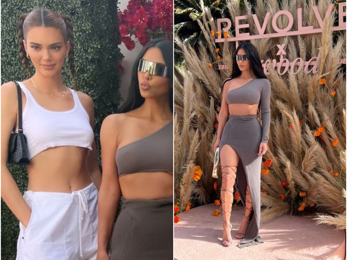 Kim Kardashian and Kendall Jenner go monochrome at Revolve Festival Kim Kardashian and Kendall Jenner go monochrome at Revolve Festival