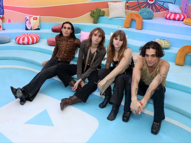 <p>Maneskin – Ethan Torchio, Thomas Raggi, Victoria De Angelis and Damiano David – in the YouTube Artist Lounge during weekend one of Coachella 2022</p>