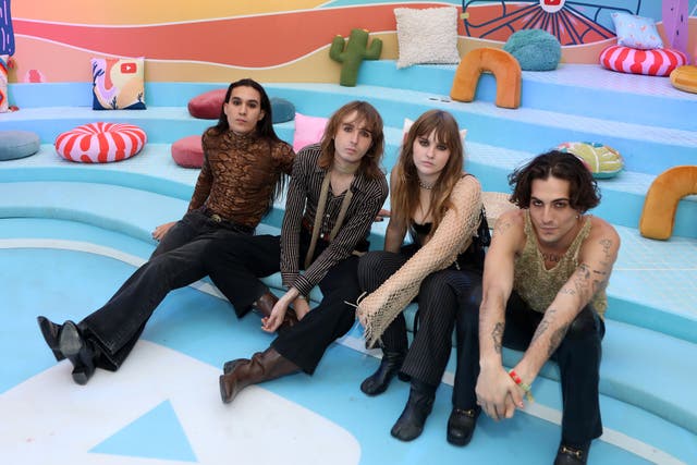 <p>Maneskin – Ethan Torchio, Thomas Raggi, Victoria De Angelis and Damiano David – in the YouTube Artist Lounge during weekend one of Coachella 2022</p>
