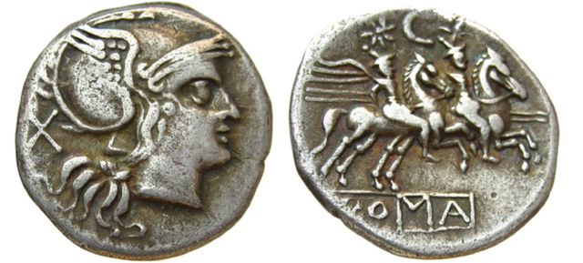 <p>Roman denarius, the standard Roman silver coin</p>