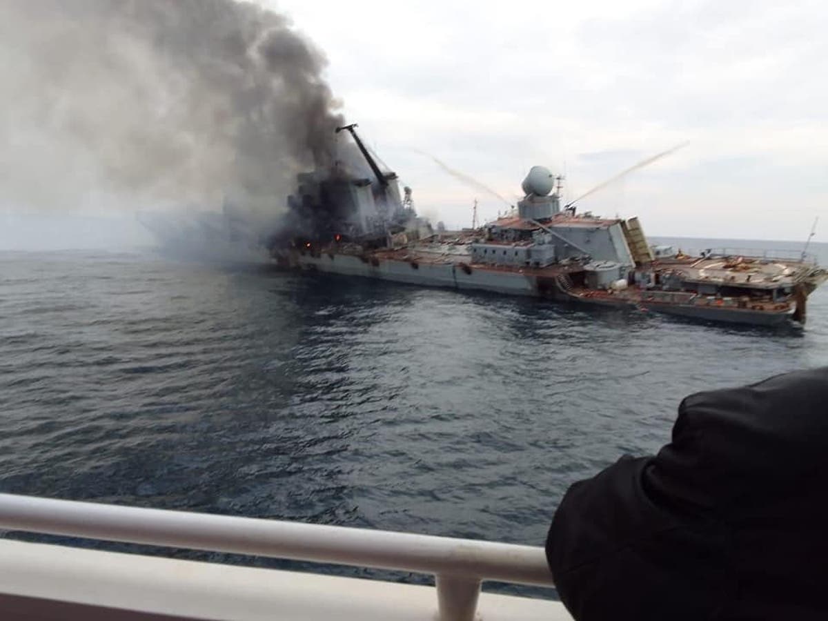 Picture shows Russia’s Moskva warship burning at sea before sinking, says expert