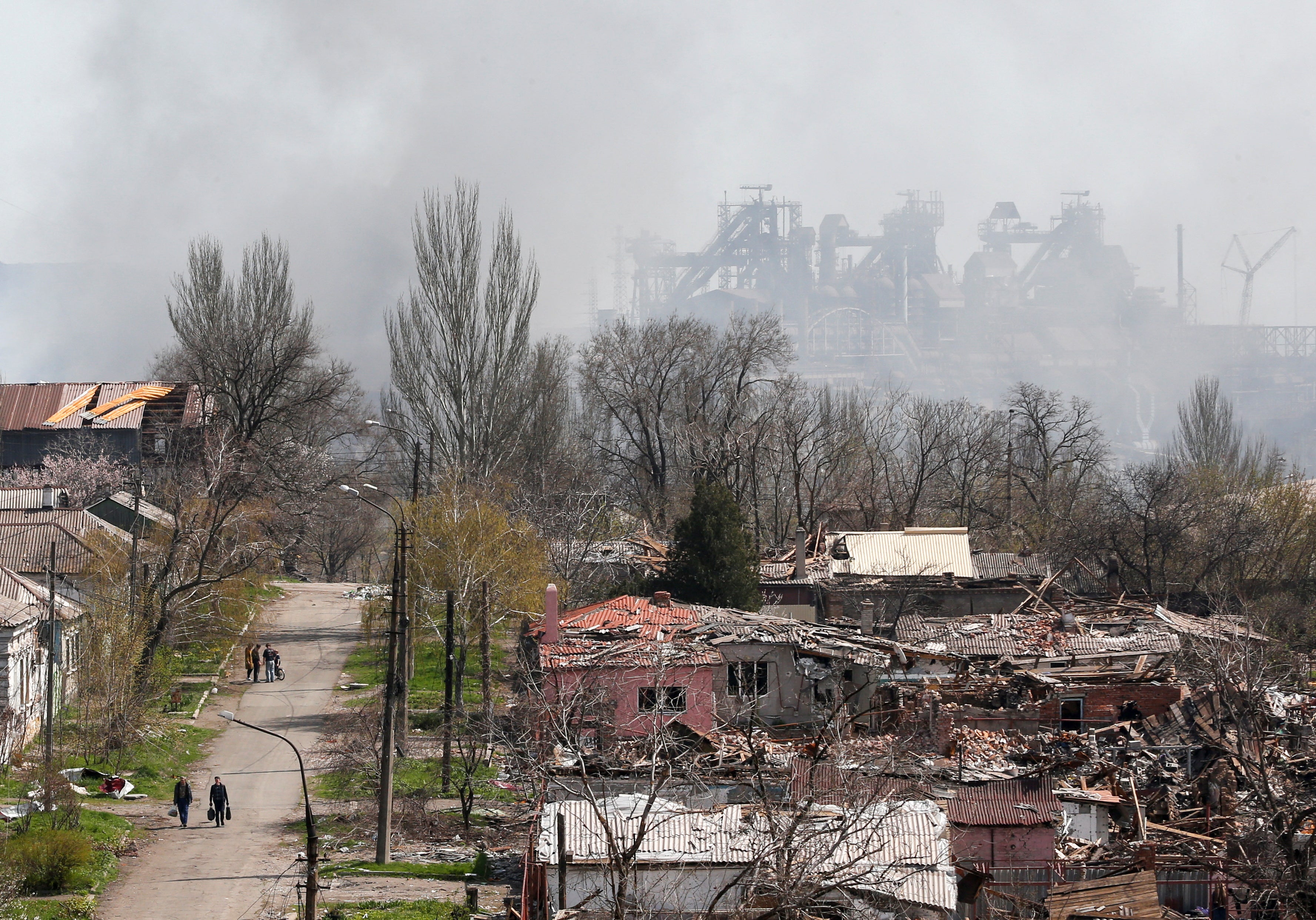 Smoke rises above the Azovstal Iron and Steel Works plant damaged in the southern port city of Mariupol