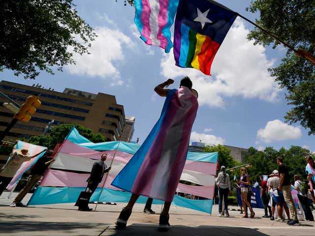 <p>A trans rights protester in Texas, where state officials have sought to define transition healthcare for children as abuse</p>
