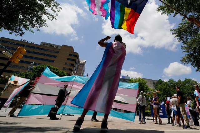 <p>A trans rights protester in Texas, where state officials have sought to define transition healthcare for children as abuse</p>