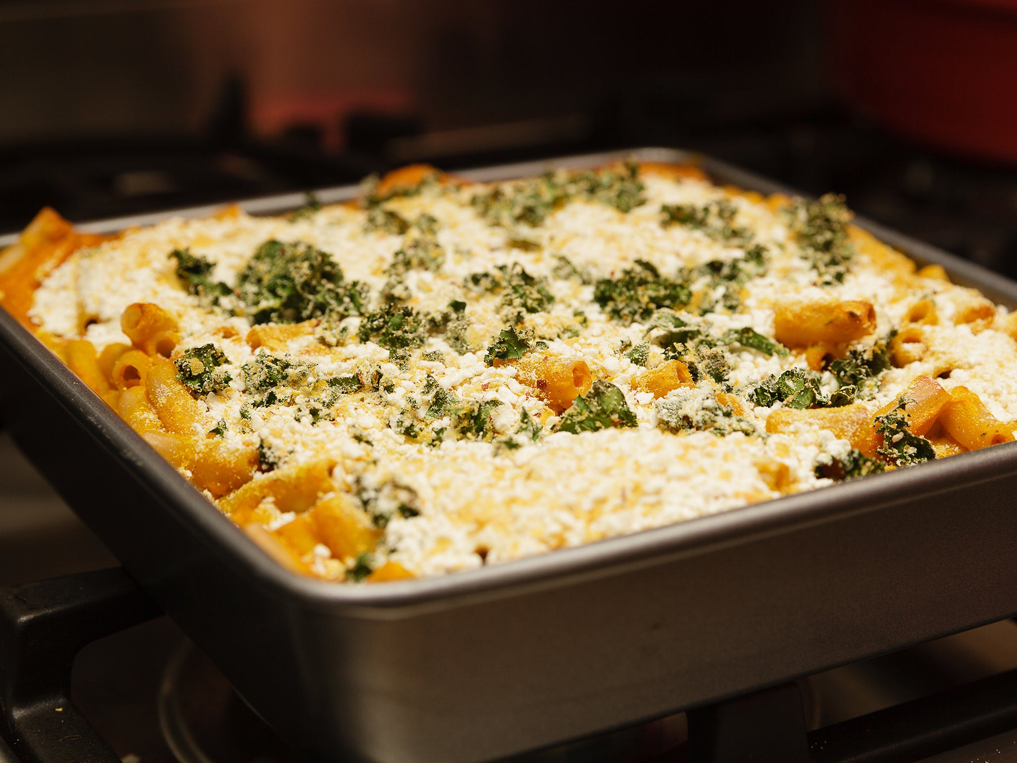 This baked pasta is inspired by spanakopita, the classic Greek spinach and feta pie