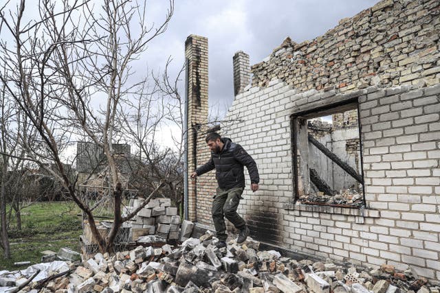 <p>Sergey Kutsenko outside his destroyed home in the Moschun district of Kyiv Oblast last Sunday </p>