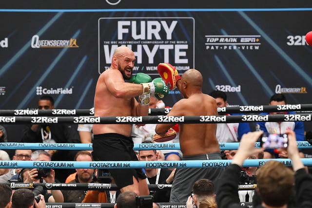 <p>Tyson Fury during his open workout ahead of his fight with Dillian Whyte</p>