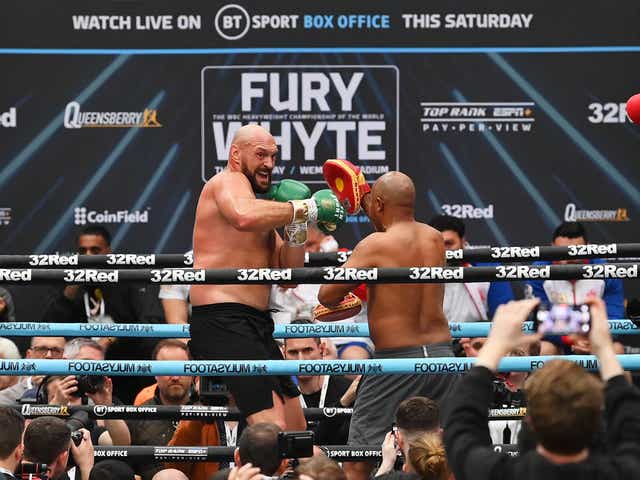 <p>Tyson Fury during his open workout ahead of his fight with Dillian Whyte</p>