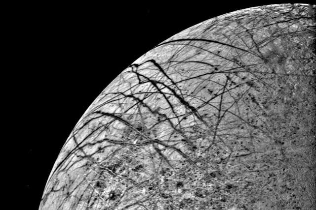 <p>Ridges can be seen on the icy surface of Europa in an image taken by the Voyager spacecraft</p>