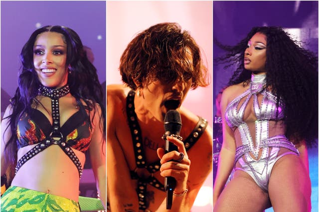 <p>(L-R) Doja Cat, Maneskin and Megan Thee Stallion all debuted unreleased music at Coachella 2022</p>