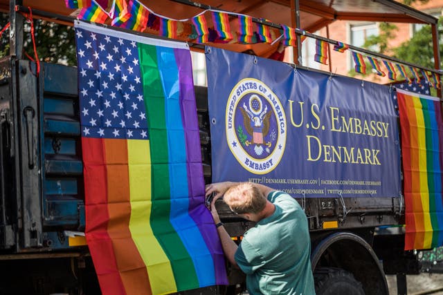 <p>The US embassy in Denmark taking part in Copenhagen Pride in 2017</p>