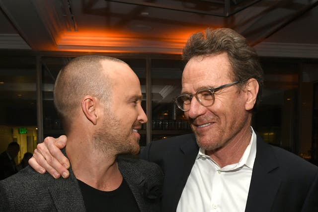 <p>‘Breaking Bad’ co-stars Aaron Paul and Bryan Cranston, pictured in 2019</p>