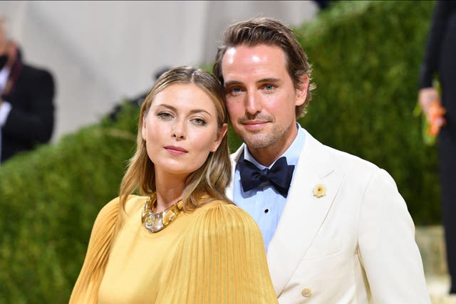 <p>Russian tennis player Maria Sharapova and Alexander Gilkes arrive for the 2021 Met Gala at the Metropolitan Museum of Art on September 13, 2021</p>