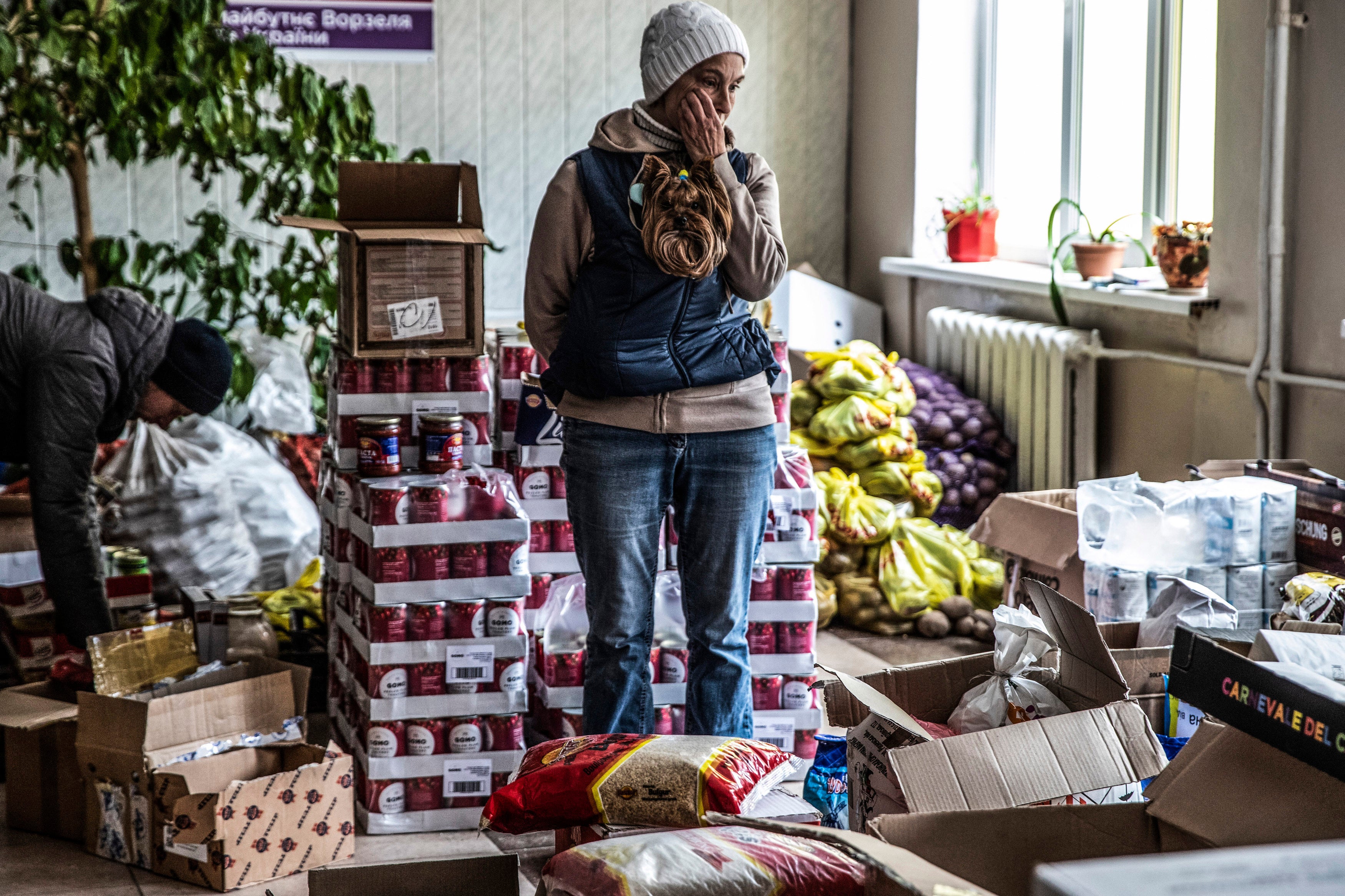 Vorzel resident Larissa Shudeva, carrying her dog, pauses in her volunteer work sorting food and clothing donations at a school