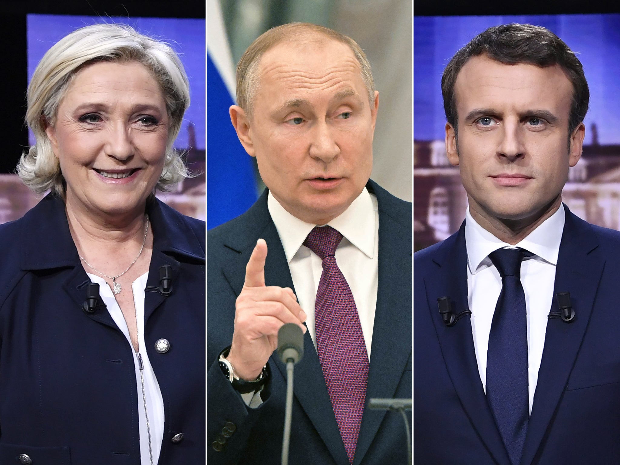 The ties between Le Pen (far left) and Putin (middle) are thought to have played a key part in her defeat to Macron (far right)
