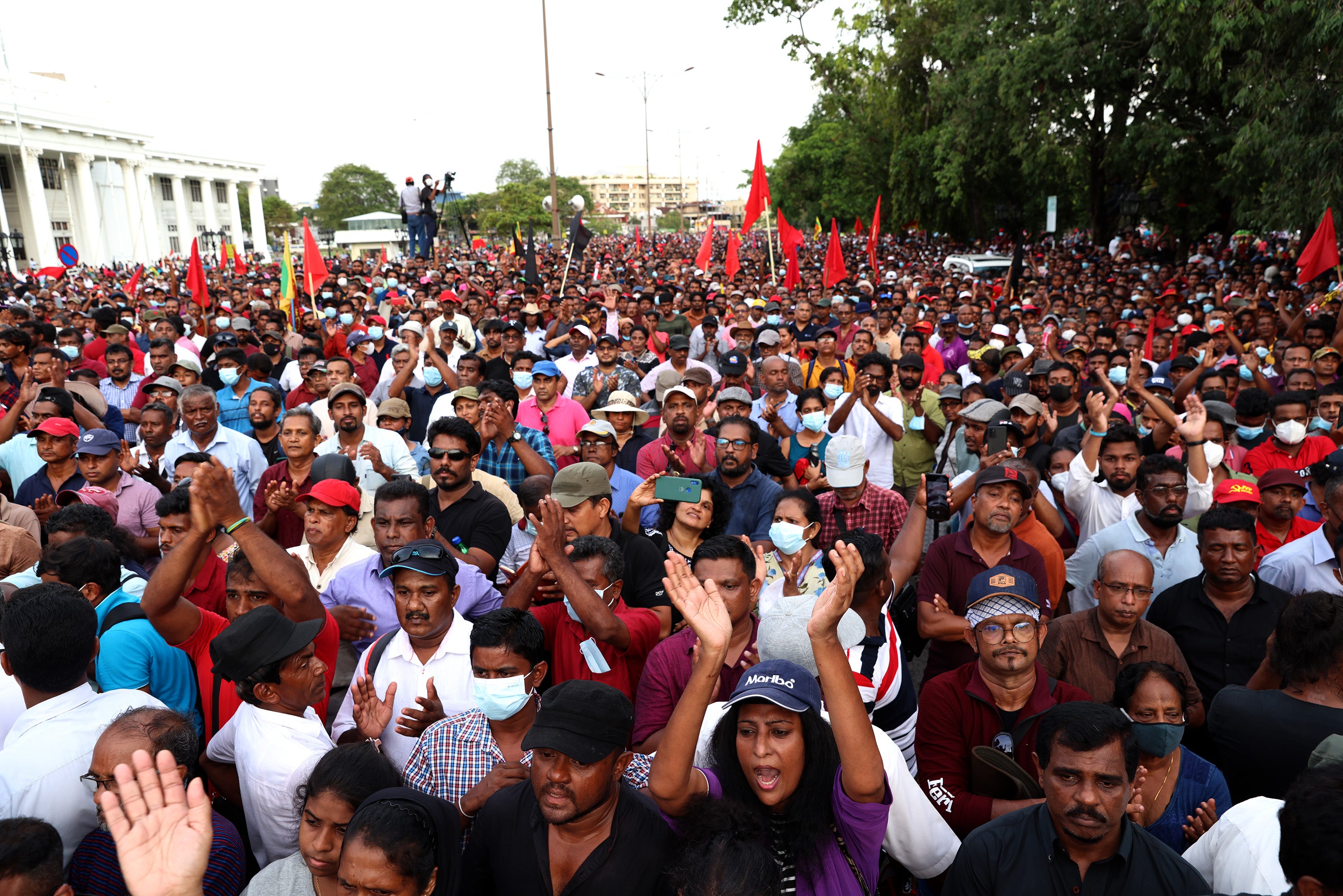 Demonstrators stage a protest street rally against Sri Lankan president Gotabaya Rajapaksa on 19 April in Colombo