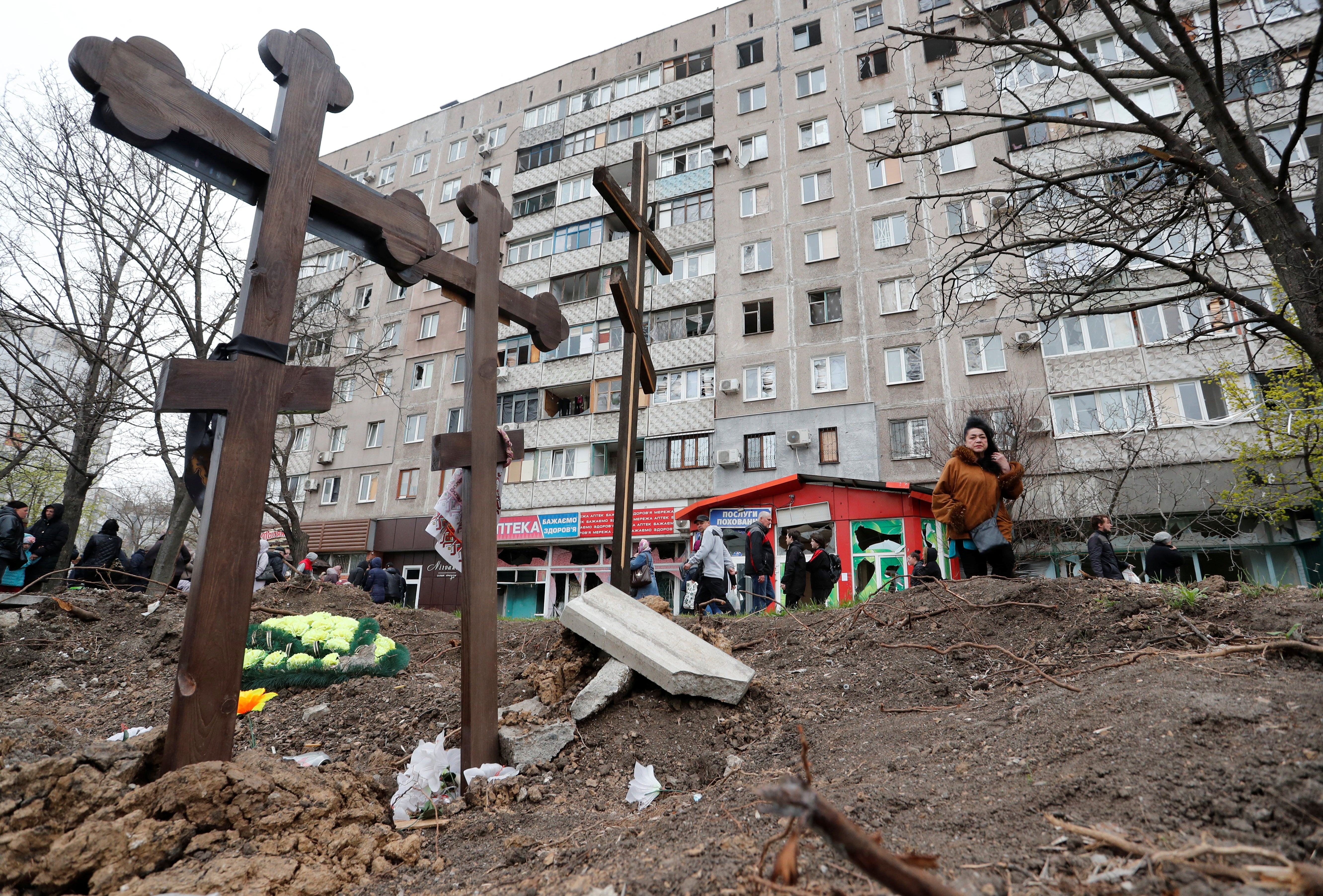 A view shows graves of civilians killed during the Ukraine-Russia conflict in the southern port city of Mariupol