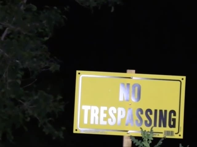 <p>A ‘No trespassing’ sign in Lake Hughes, California </p>