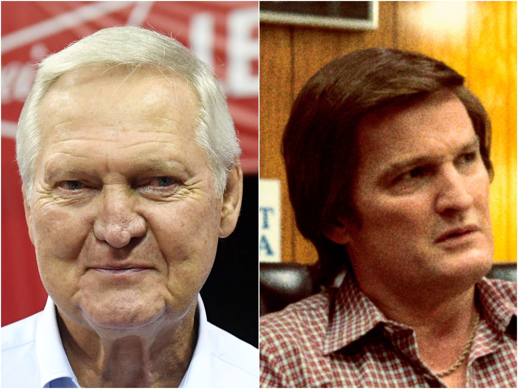 Jerry West, left, and as portrayed by Jason Clarke in ‘Winning Time’ (right)