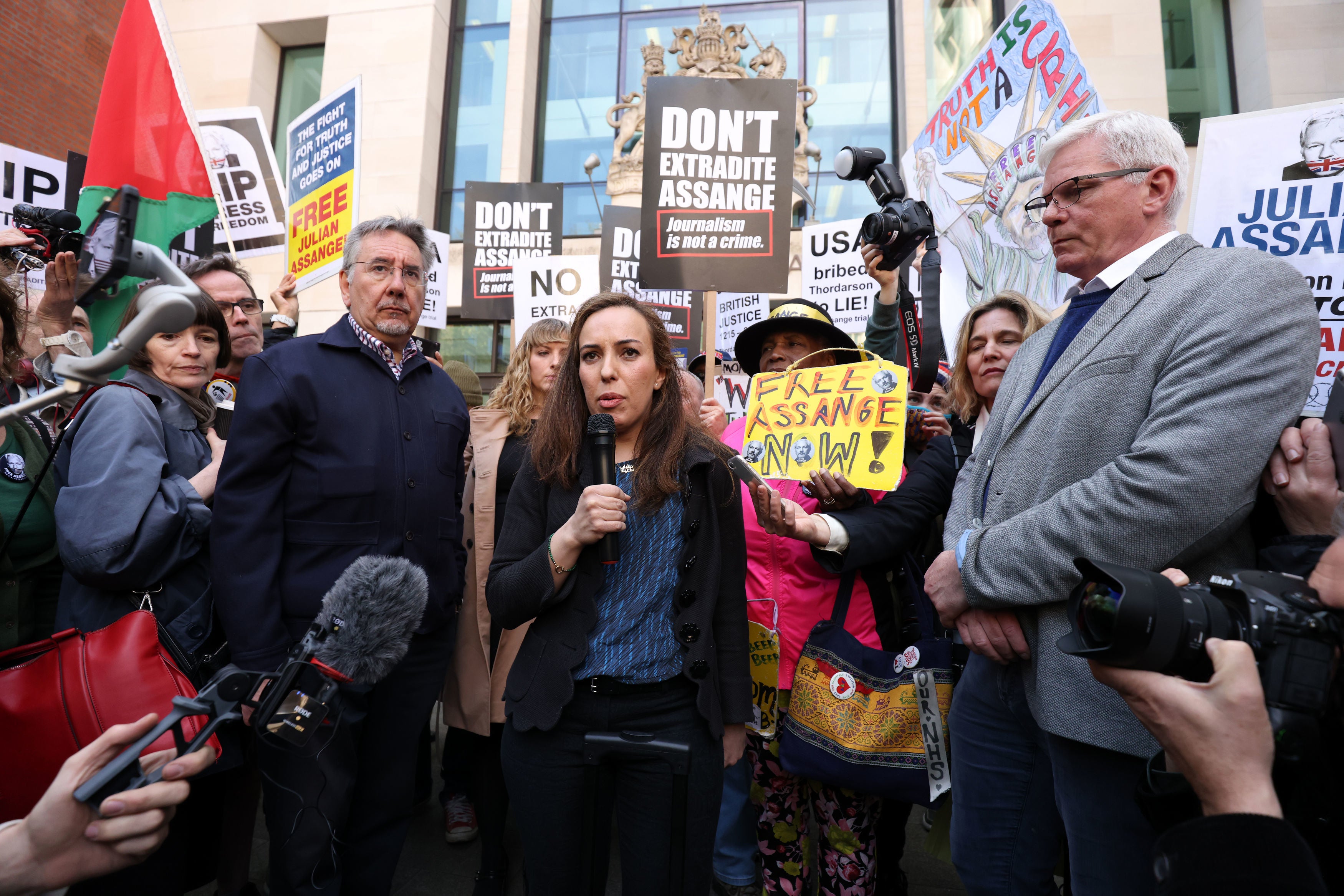 Stella Moris talks to the media outside Westminster Magistrates' Court in London in April