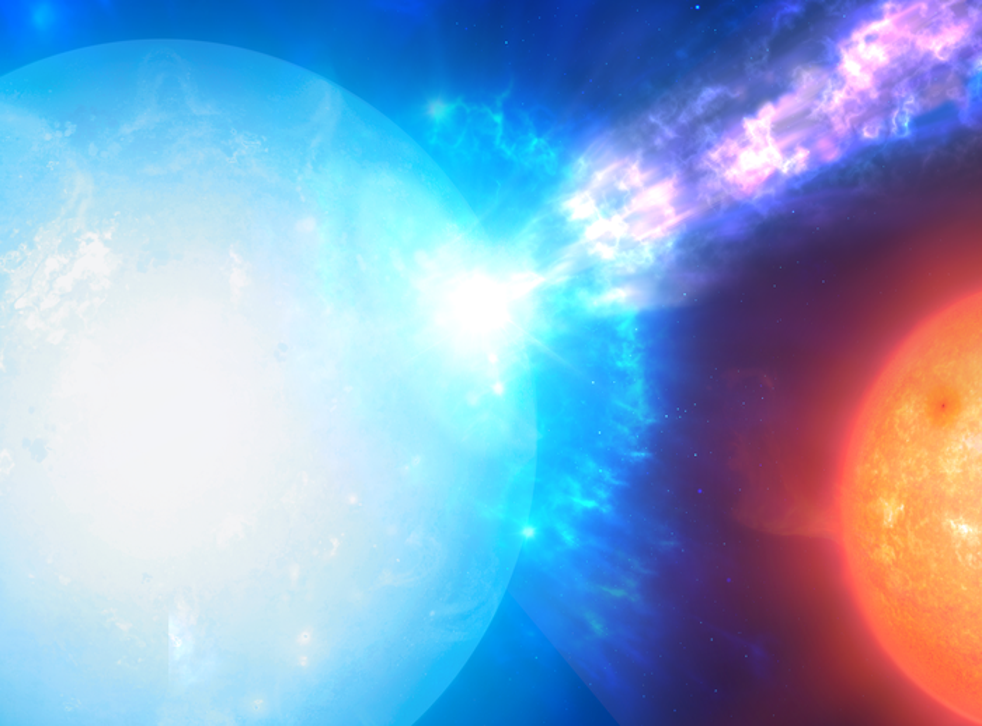 <p>An artist’s impression of a micronova explosion from the base of the accretion stream at the magnetic pole of an accreting white dwarf in a binary star system</p>