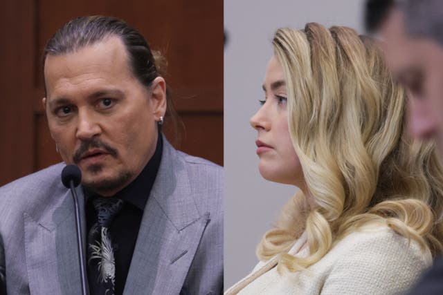 Johnny Depp y Amber Heard en el juzgado del condado de Fairfax en Fairfax, Virginia, el 20 de abril de 2022
