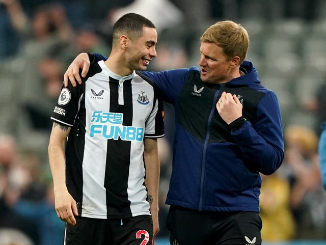 Newcastle head coach Eddie Howe with Miguel Almiron, who scored the winner against Crystal Palace (Owen Humphreys/PA)