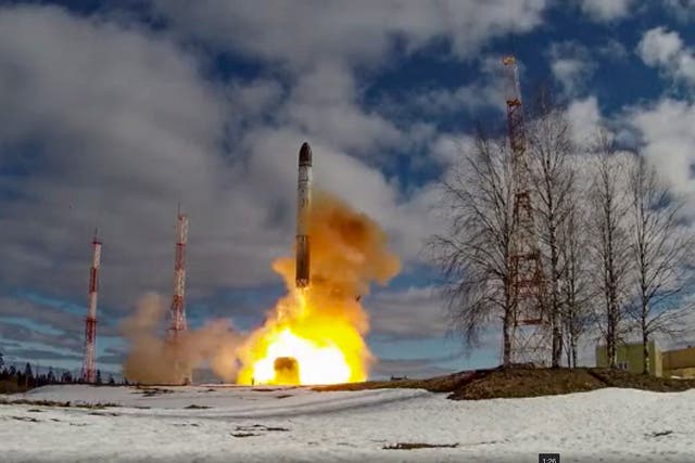<p>A test launch of Russia’s ‘Sarmat’ or ‘Satan II’ intercontinental ballistic missile from the Plesetsk Cosmodrome in Arkhangelsk on 20 April 2022</p>