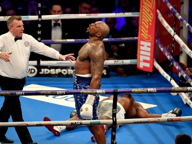 <p>Dillian Whyte after knocking out Derek Chisora in their rematch</p>