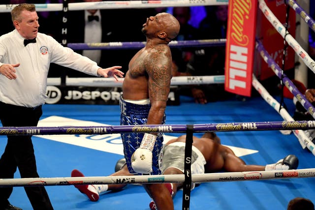 <p>Dillian Whyte is jubilant after knocking out Derek Chisora in their rematch</p>