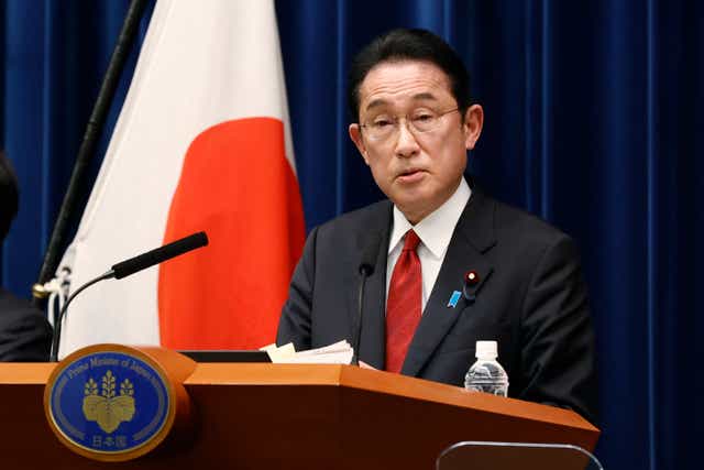 <p>Japan’s prime minister Fumio Kishida speaks during a news conference at the prime minister’s official residence on 8 April</p>