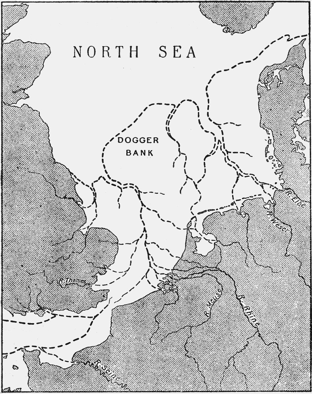 The approximate coast of Doggerland as shown in Clement Reid’s ‘Submerged Forests’