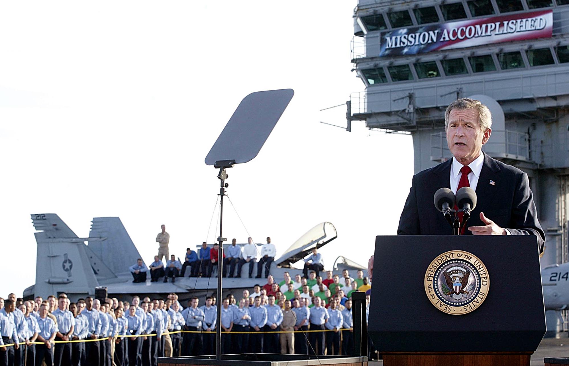 The former president addresses the US aboard the USS ‘Abraham Lincoln’