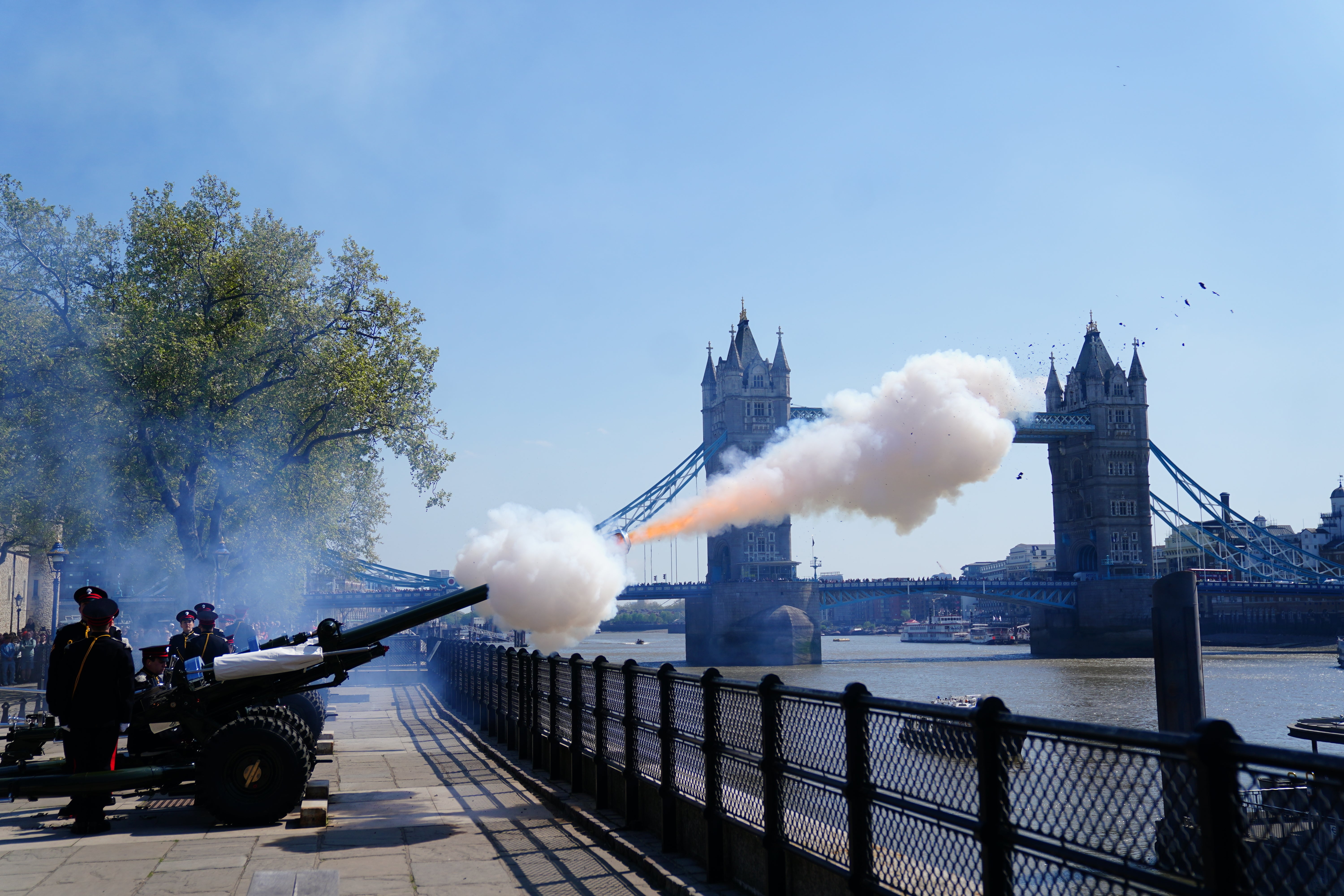The Honourable Artillery Company (HAC), the City of London’s Reserve Army Regiment, fires a 62-gun Royal Salute at the Tower of London to mark the 96th birthday of the Queen (Victoria Jones/PA)