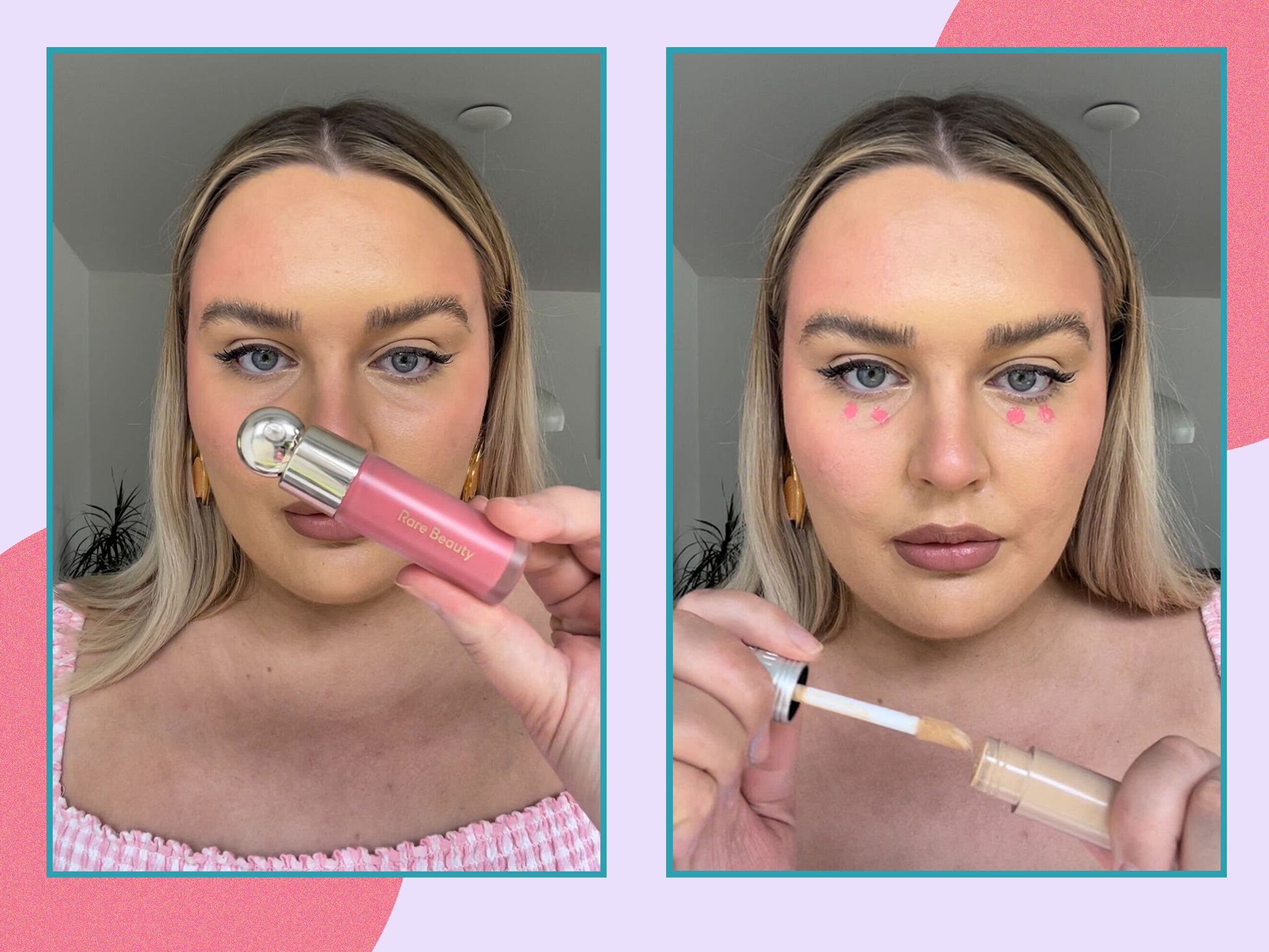 We applied Rare Beauty’s liquid blush before putting concealer on top