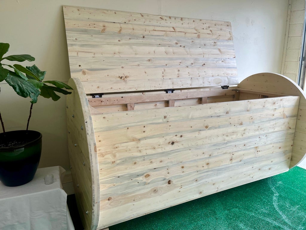 The Natural Funeral home uses a chyrsallis, or vessel - similar to those used in Washington, the first state to practice ‘natural reduction’ starting in 2020 - that are wooden, seven feet long, three feet wide and three feet deep