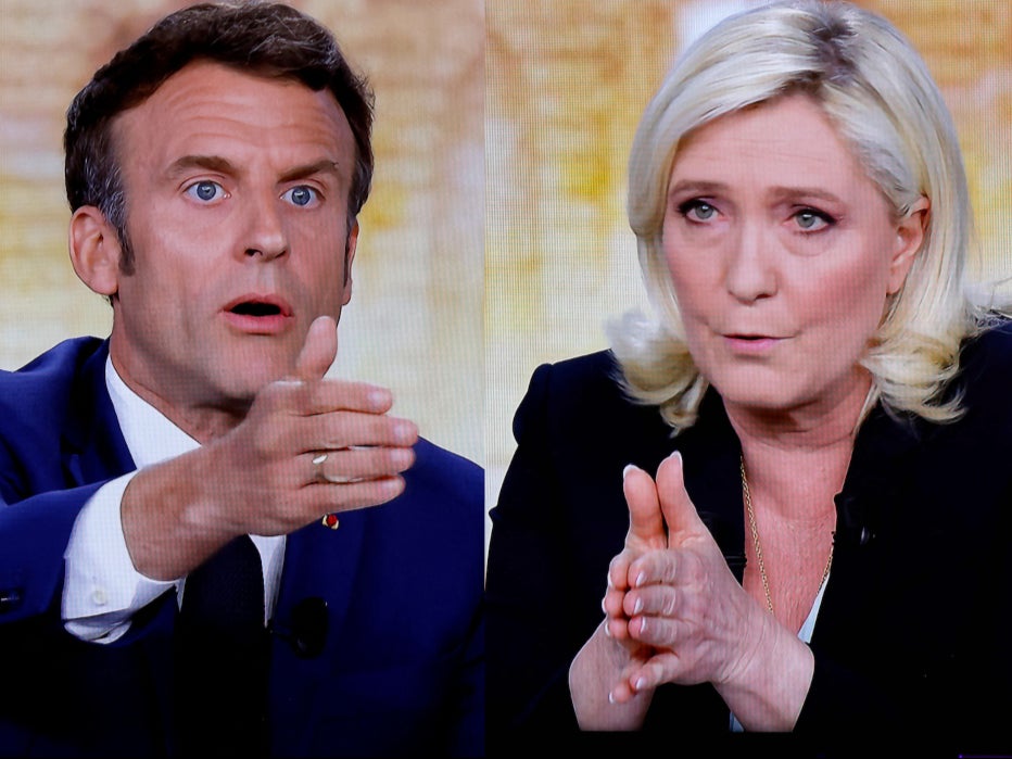 Emmanuel Macron and Marine Le Pen debate each other on 24 April 2022 in Paris, France