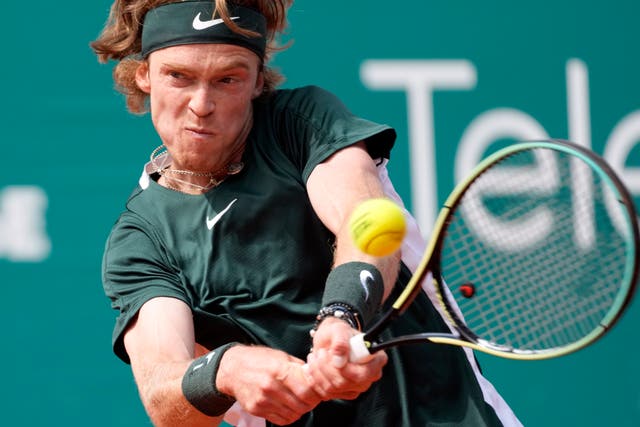 <p>Andrey Rublev criticised the ban after his match at the Serbian Open (Darko Vojinovic/AP)</p>