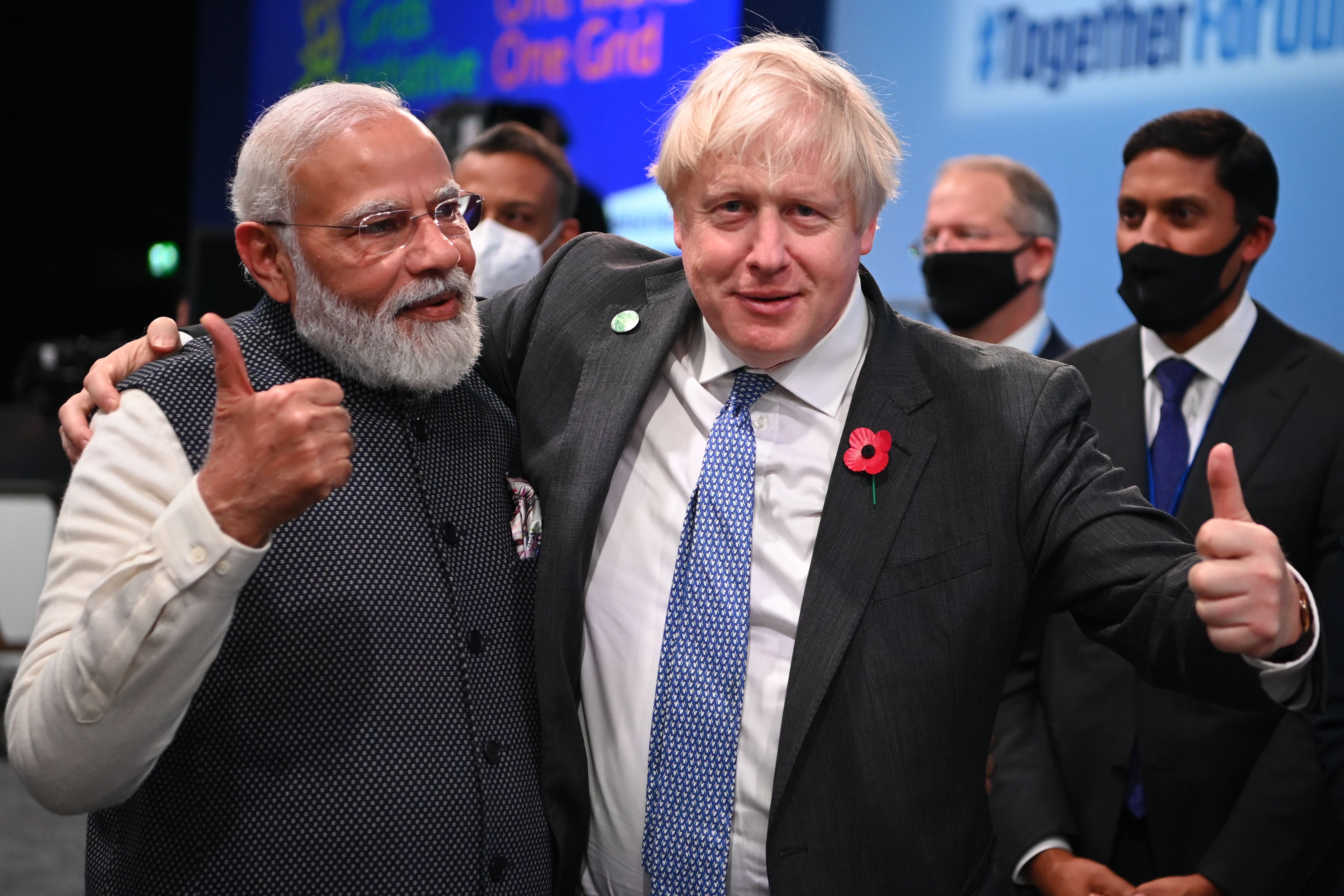 Prime Minister Boris Johnson (right) and India’s prime minister Narendra Modi at Cop2