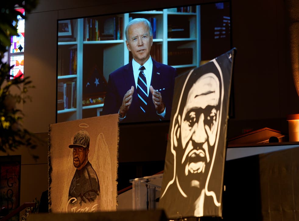 <p>Joe Biden speaks via video link at the funeral service for George Floyd in the chapel at the Fountain of Praise church June 9, 2020. </p>