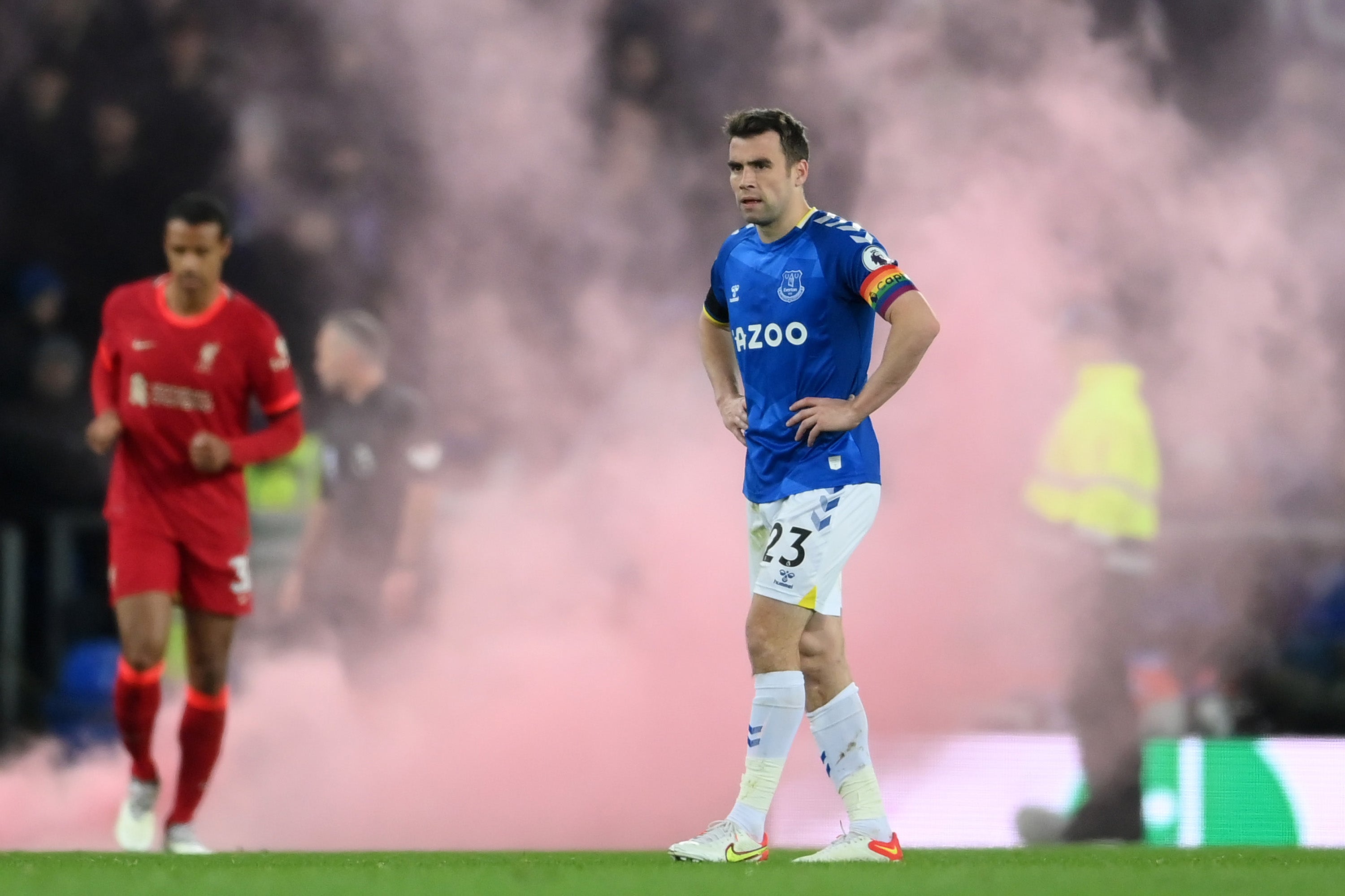 Seamus Coleman of Everton looks dejected after Diogo Jota’s goal wrapped up a 4-1 win for Liverpool at Goodison Park on 1 December 2021