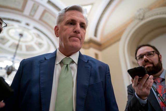 <p>Kevin McCarthy talks to reporters on 6 April </p>