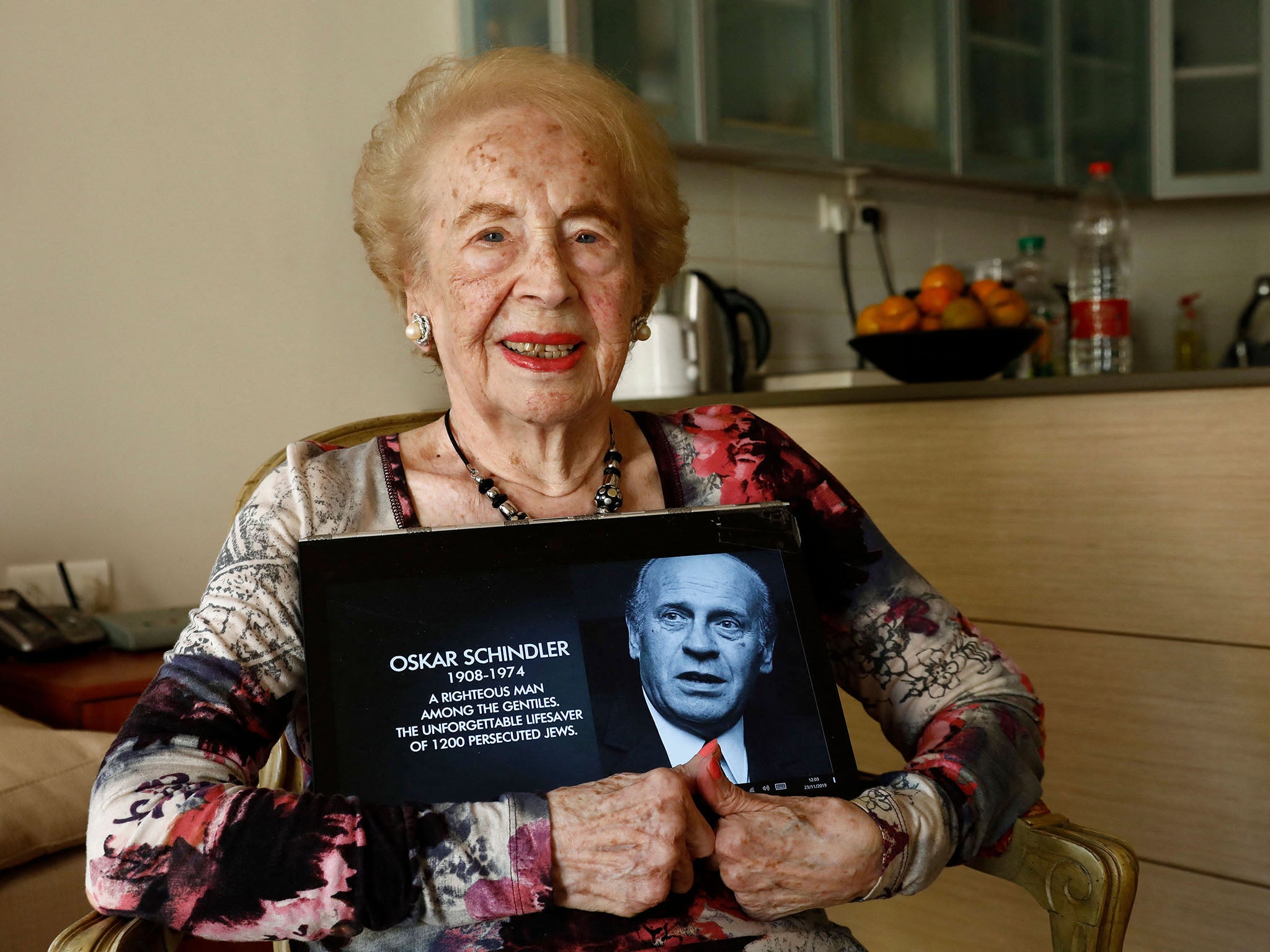 ‘No angel’: Reinhard with a picture of Schindler in 2019