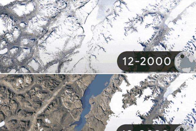 <p>Google releases timelapse pictures showing impact of climate change-shown above through glacier retreat in Seremersooq, Greenland </p>