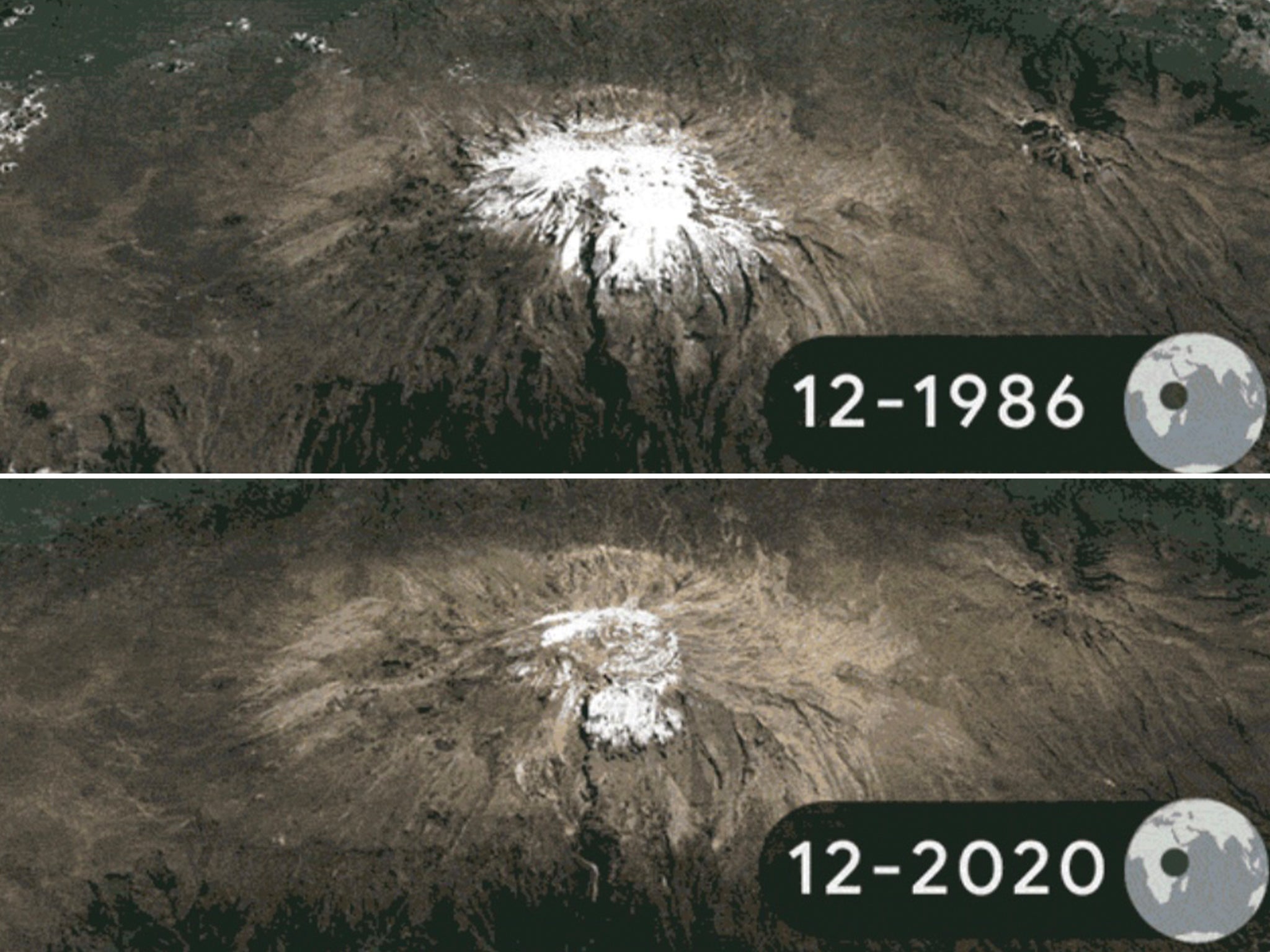 Images taken each December annually from 1986 to 2020 show glacier retreat at the summit of Mt. Kilimanjaro