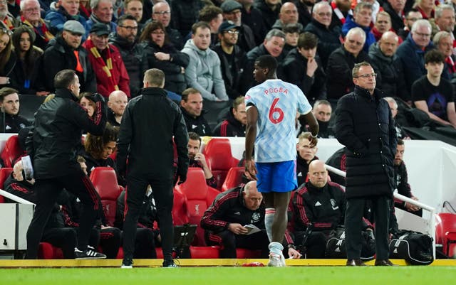 Paul Pogba leaves the field as a Manchester United player for potentially the final time (Mike Egerton/PA)