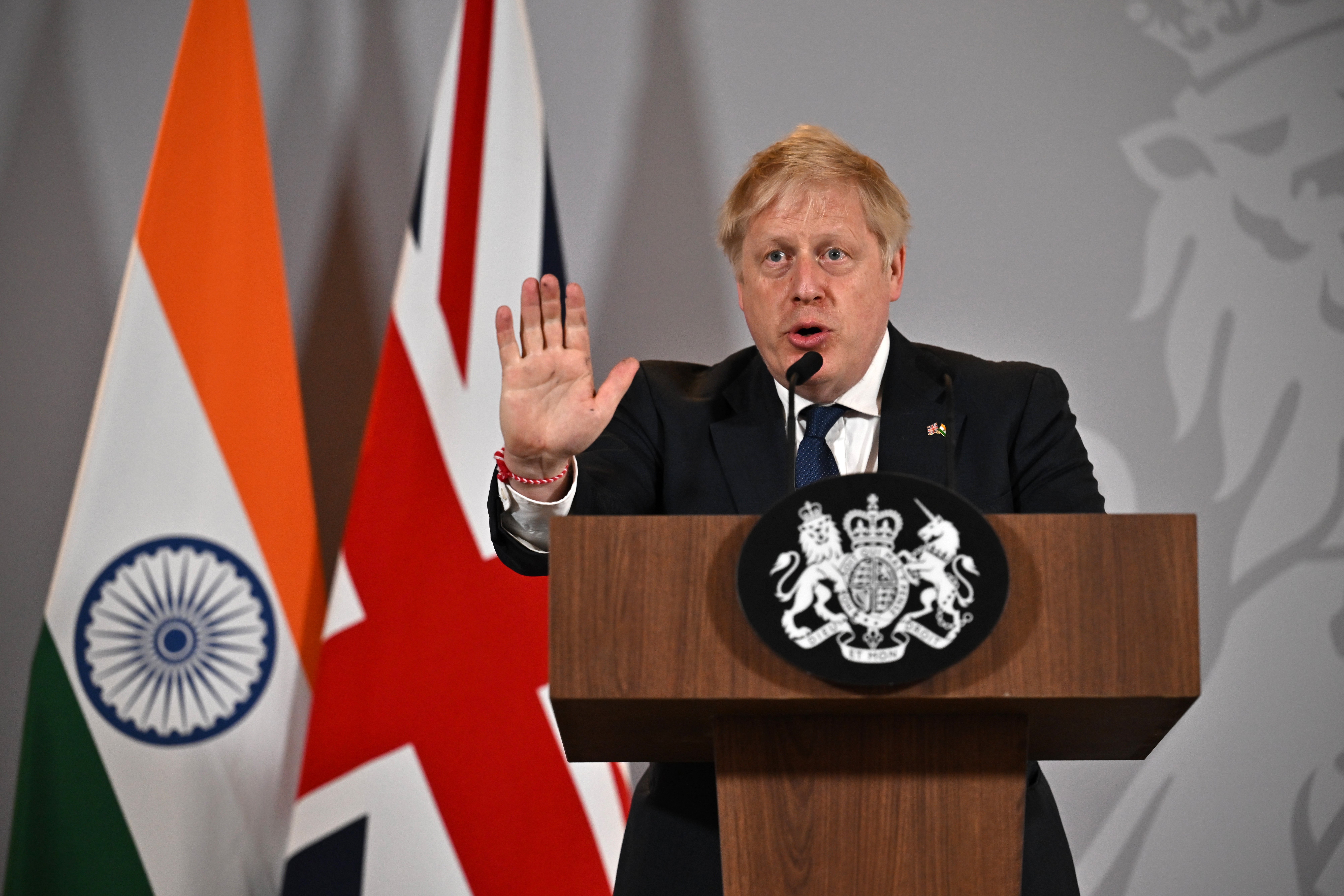 Prime Minister Boris Johnson speaking at a press conference in Delhi, on the last day of his two day trip to India Ben Stansall/PA)