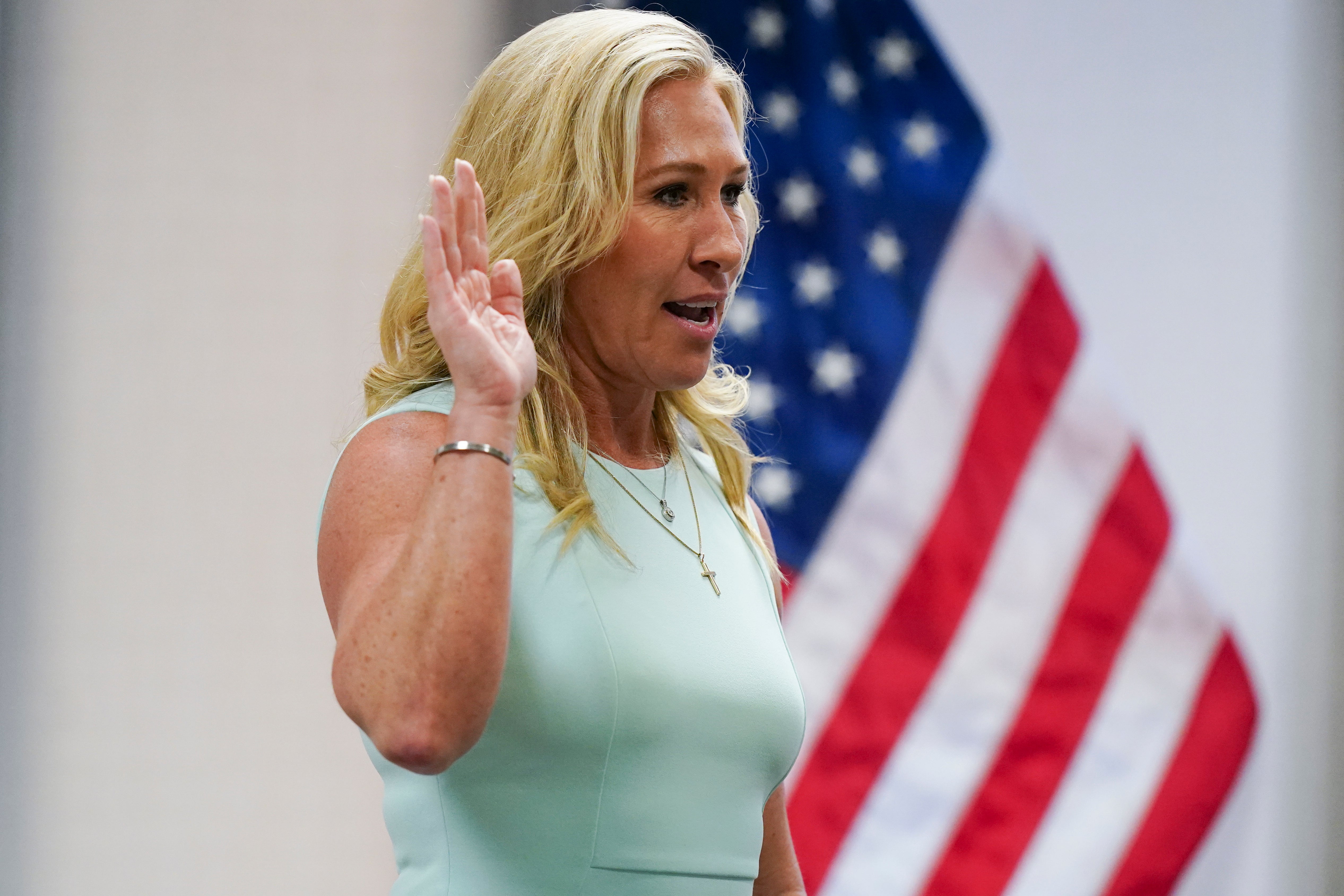 <p>Marjorie Taylor Greene prepares to testify, Friday, April 22, 2022, in Atlanta</p>